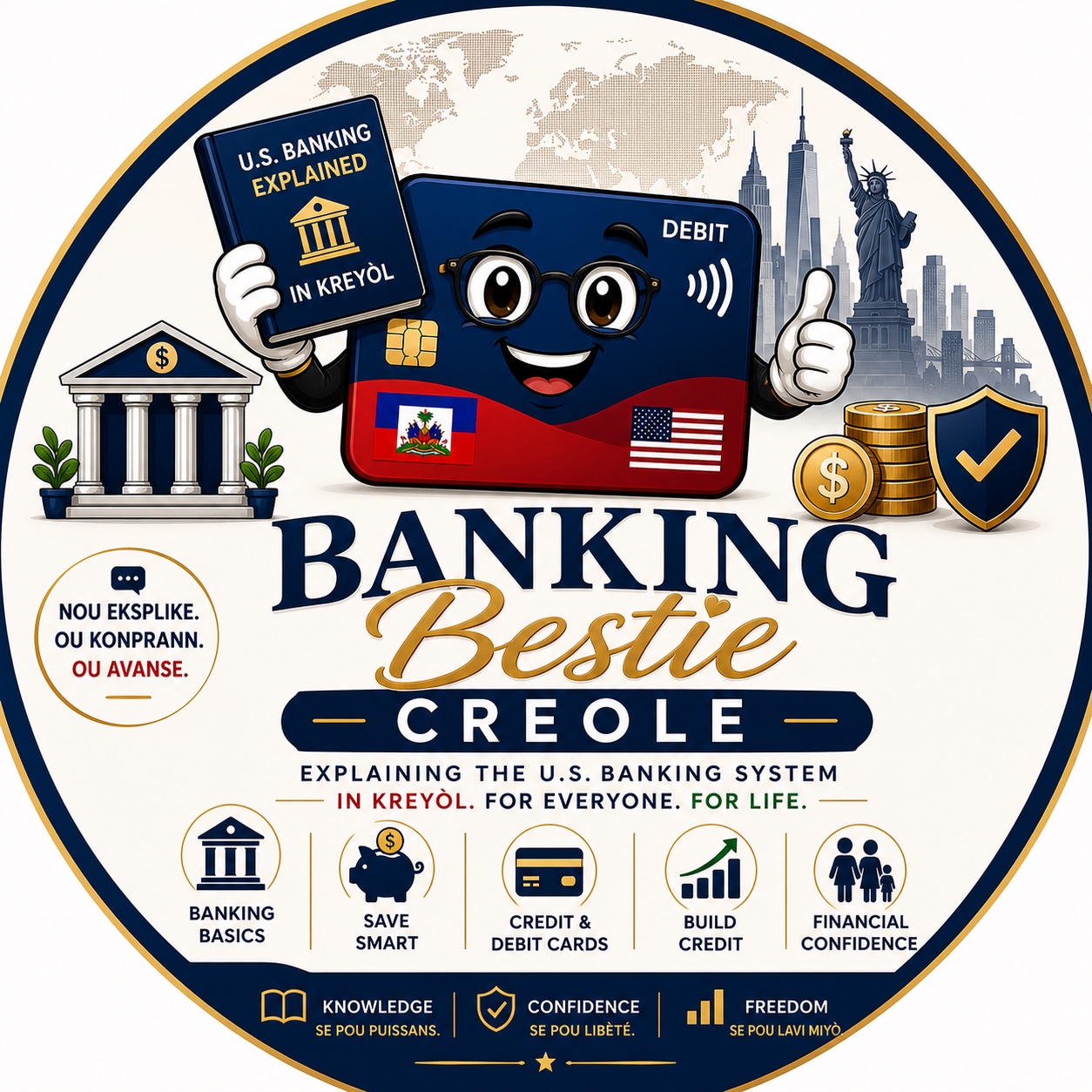 Banking Bestie mascot, a smiling debit card with a banking guide